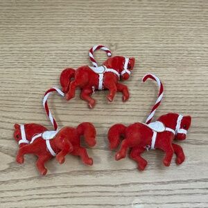 Vintage Red Flocked Carousel Horse Ornament Set of 3 Mid Century Modern 3.5"